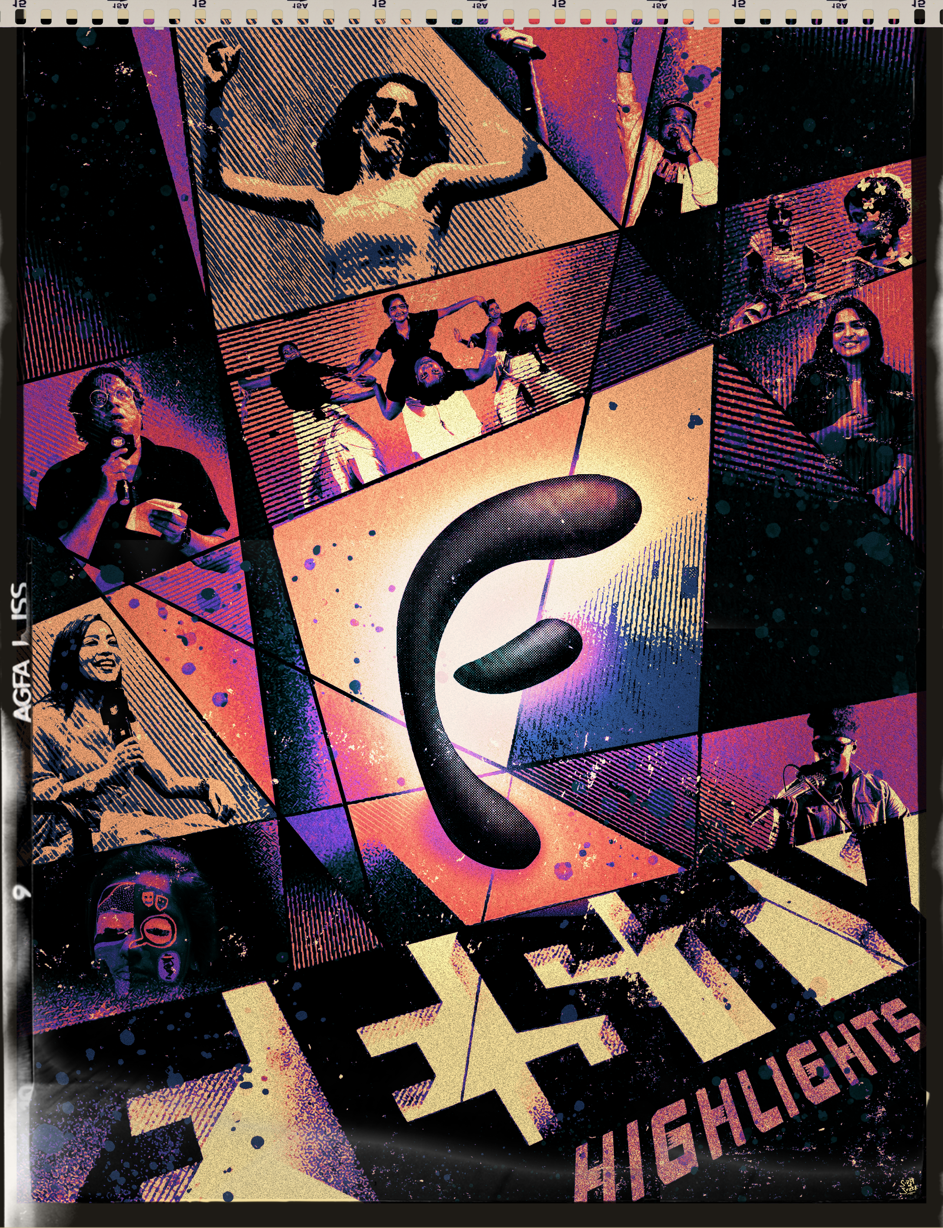 Festember Highlights poster: a halftone duotone photo composite in a film-strip frame