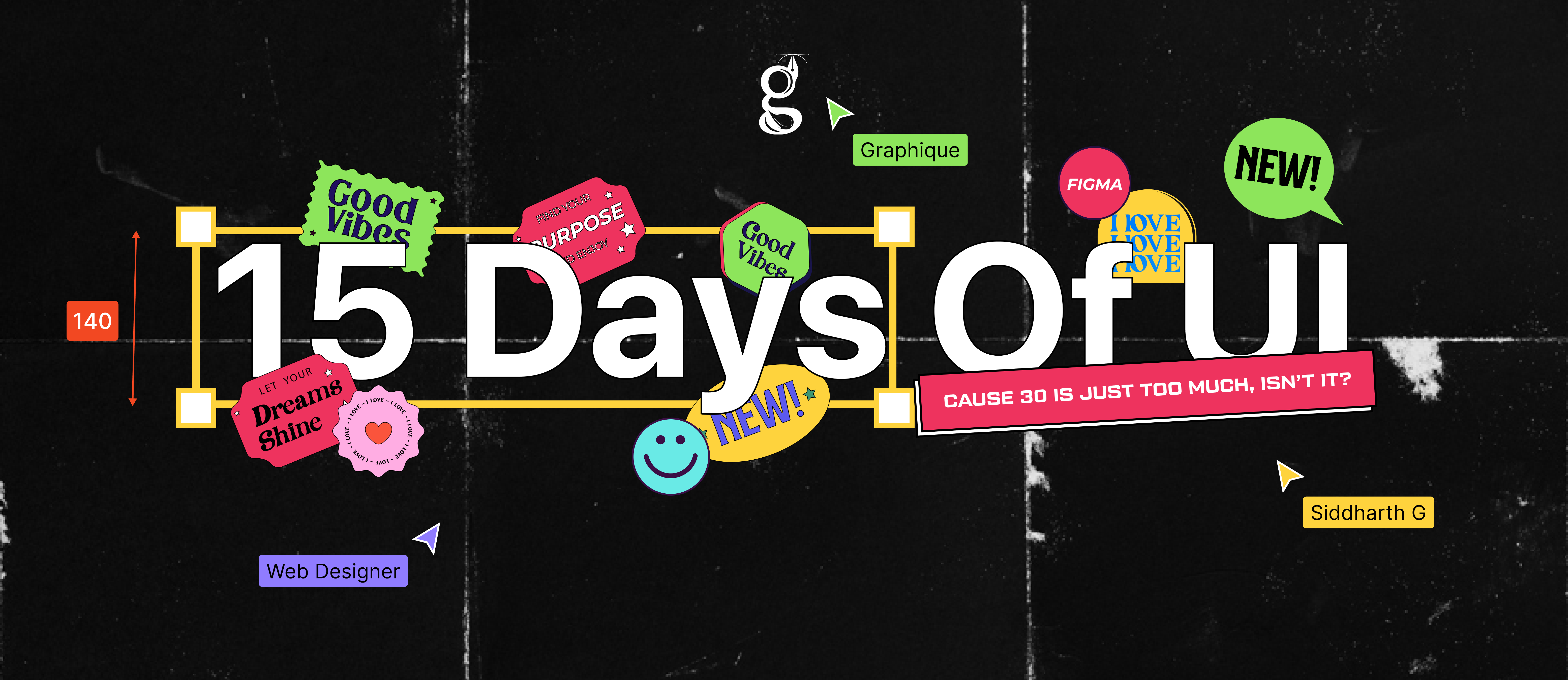 "15 Days of UI" poster covered in stickers on a black concrete texture