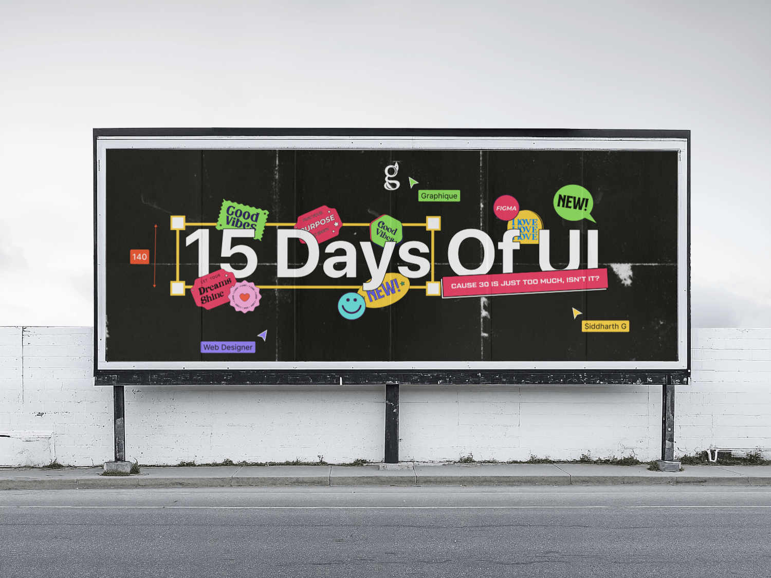 "15 Days of UI" poster on a lit street billboard