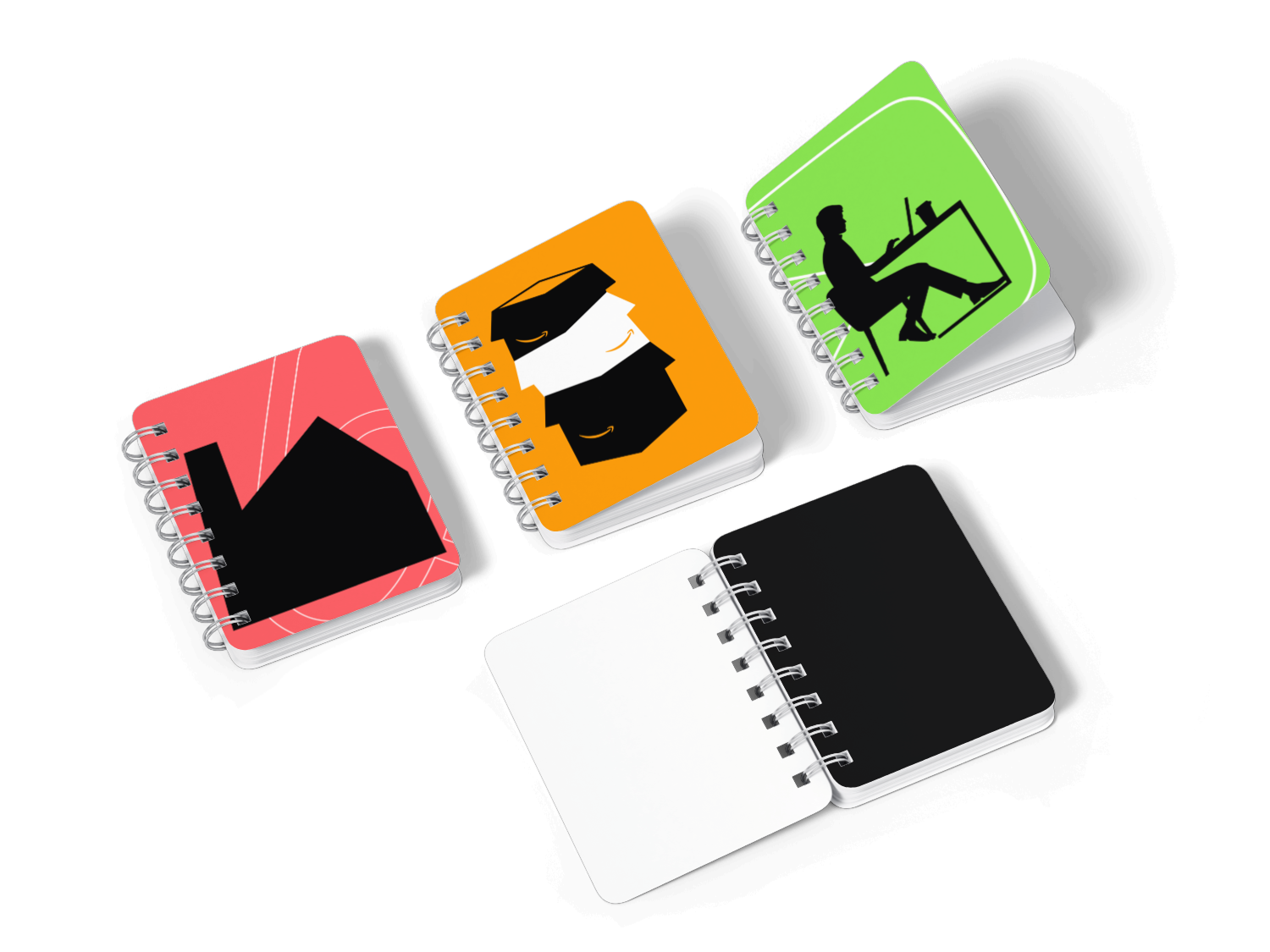 The three posters as a spread of notebooks