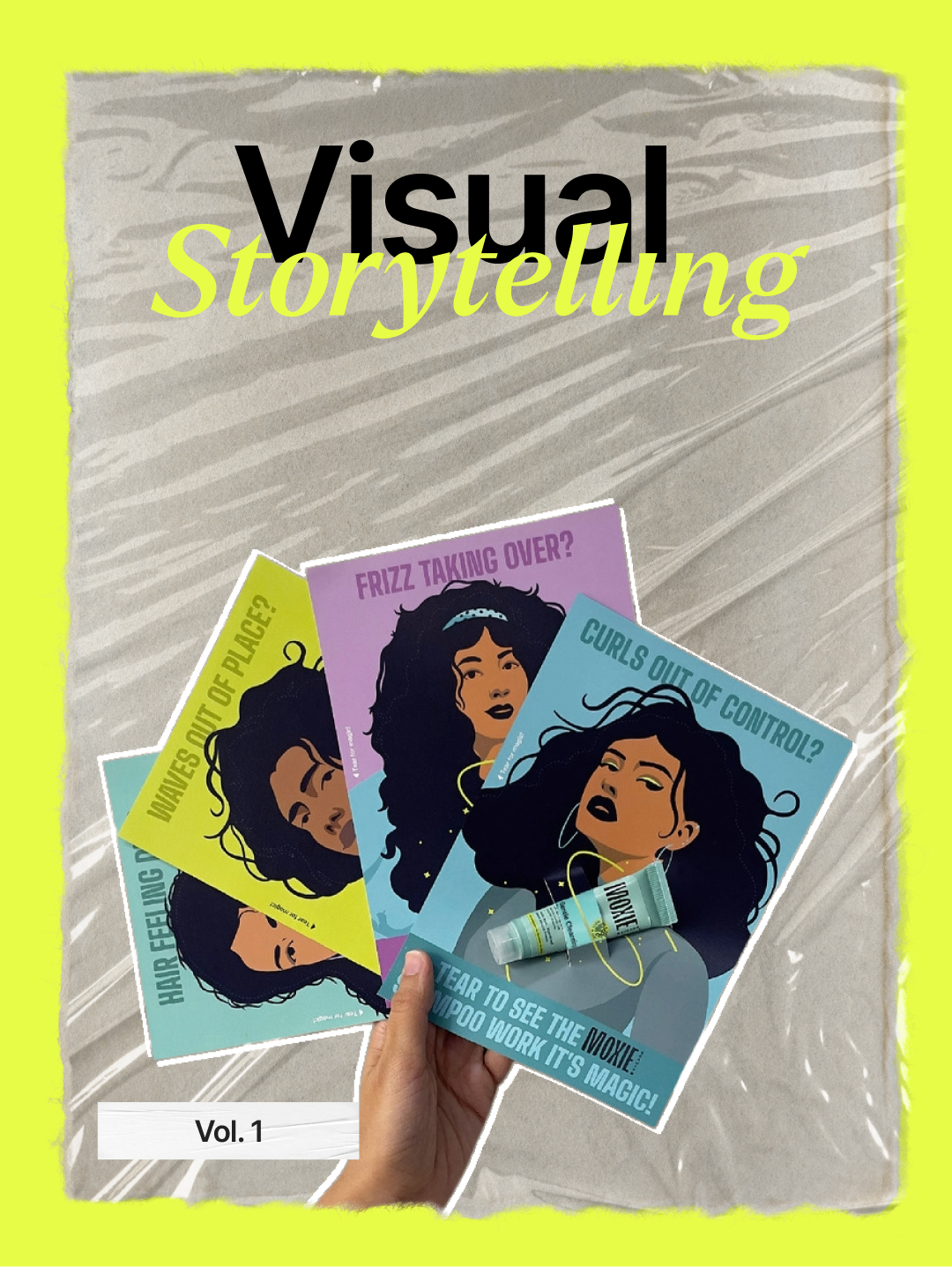 A hand holding a fan of Moxie postcards, "Visual Storytelling Vol. 1"
