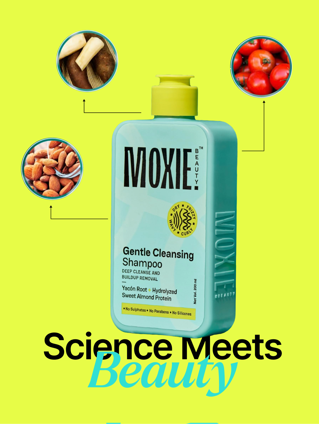 Moxie shampoo bottle with ingredient callouts for yacón root, tomato, and almond