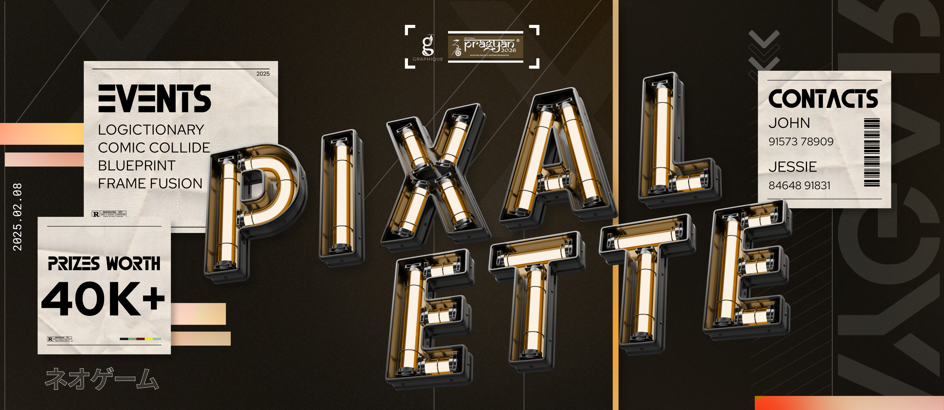 Pixalette key art: 3D neon lettering with event info cards