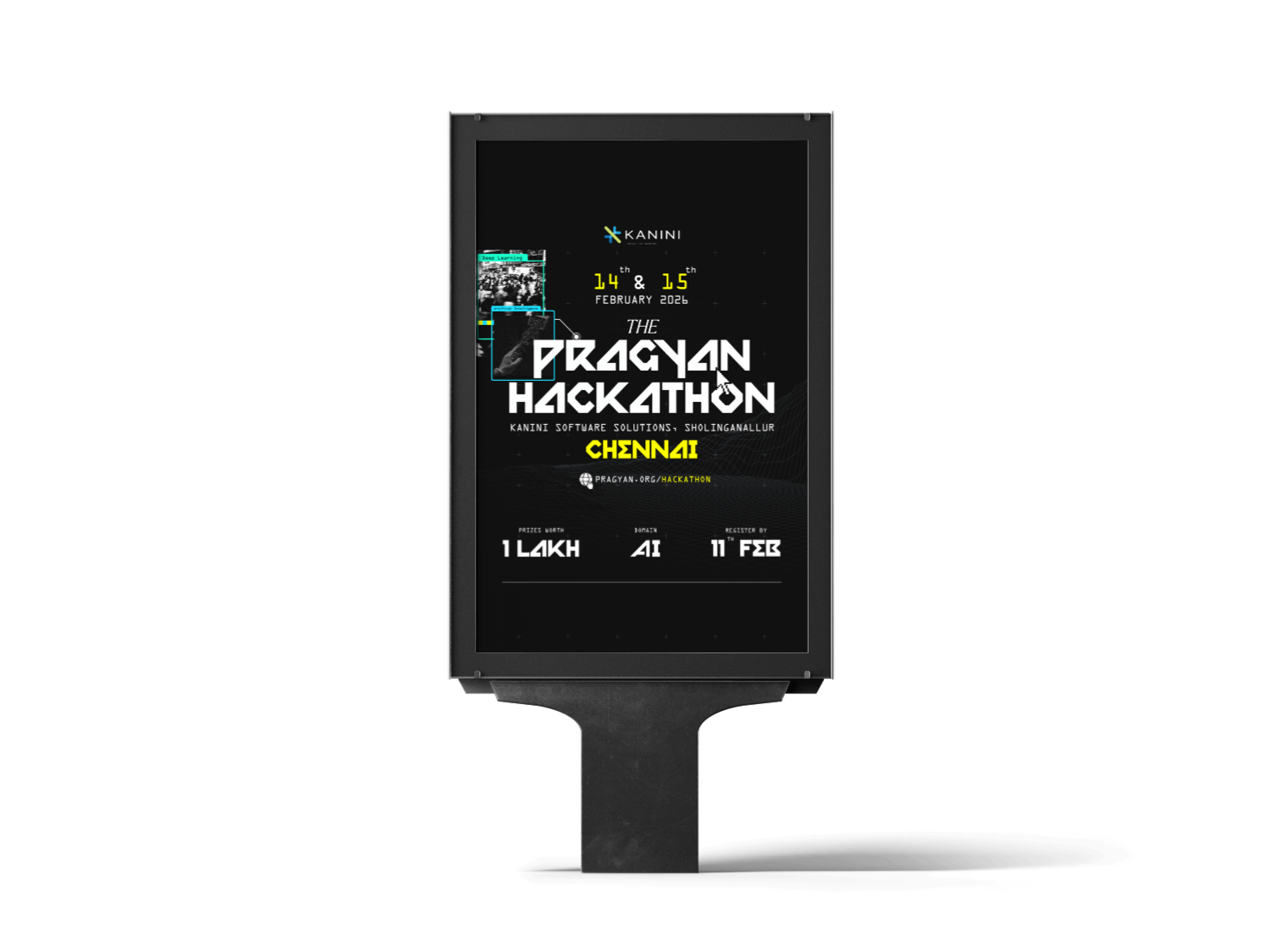 Pragyan Hackathon poster, framed, leaning against a wall