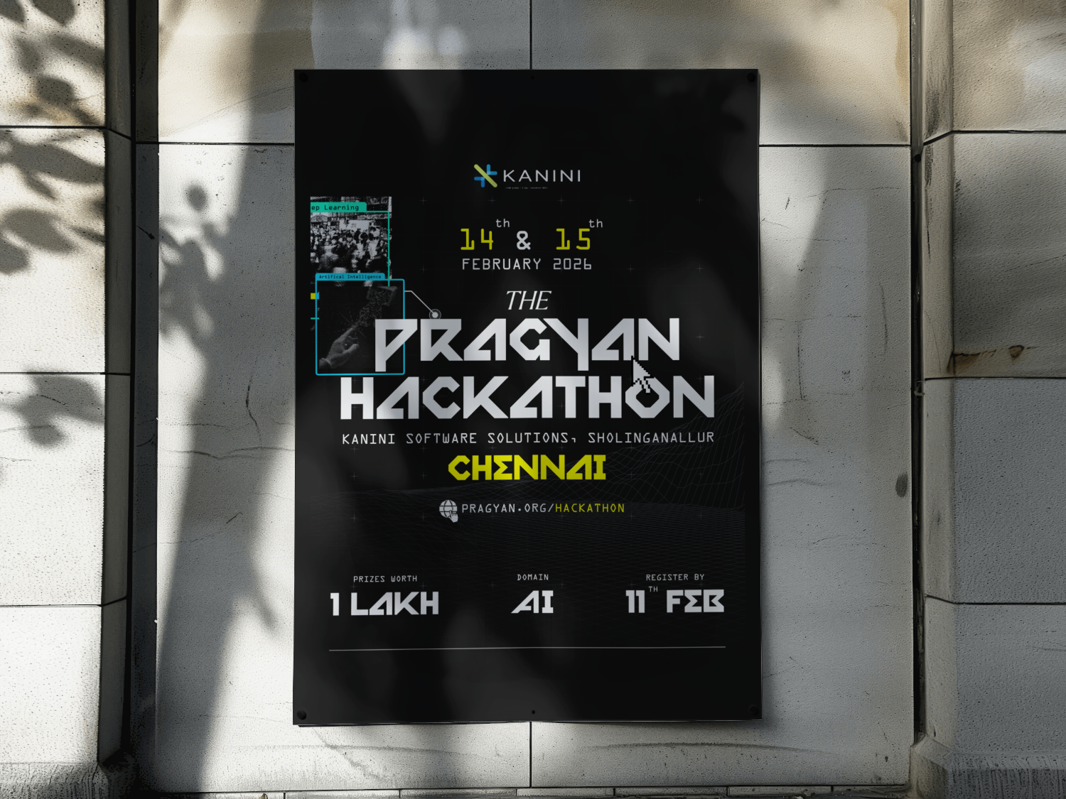 Pragyan Hackathon poster on an A-frame street standee