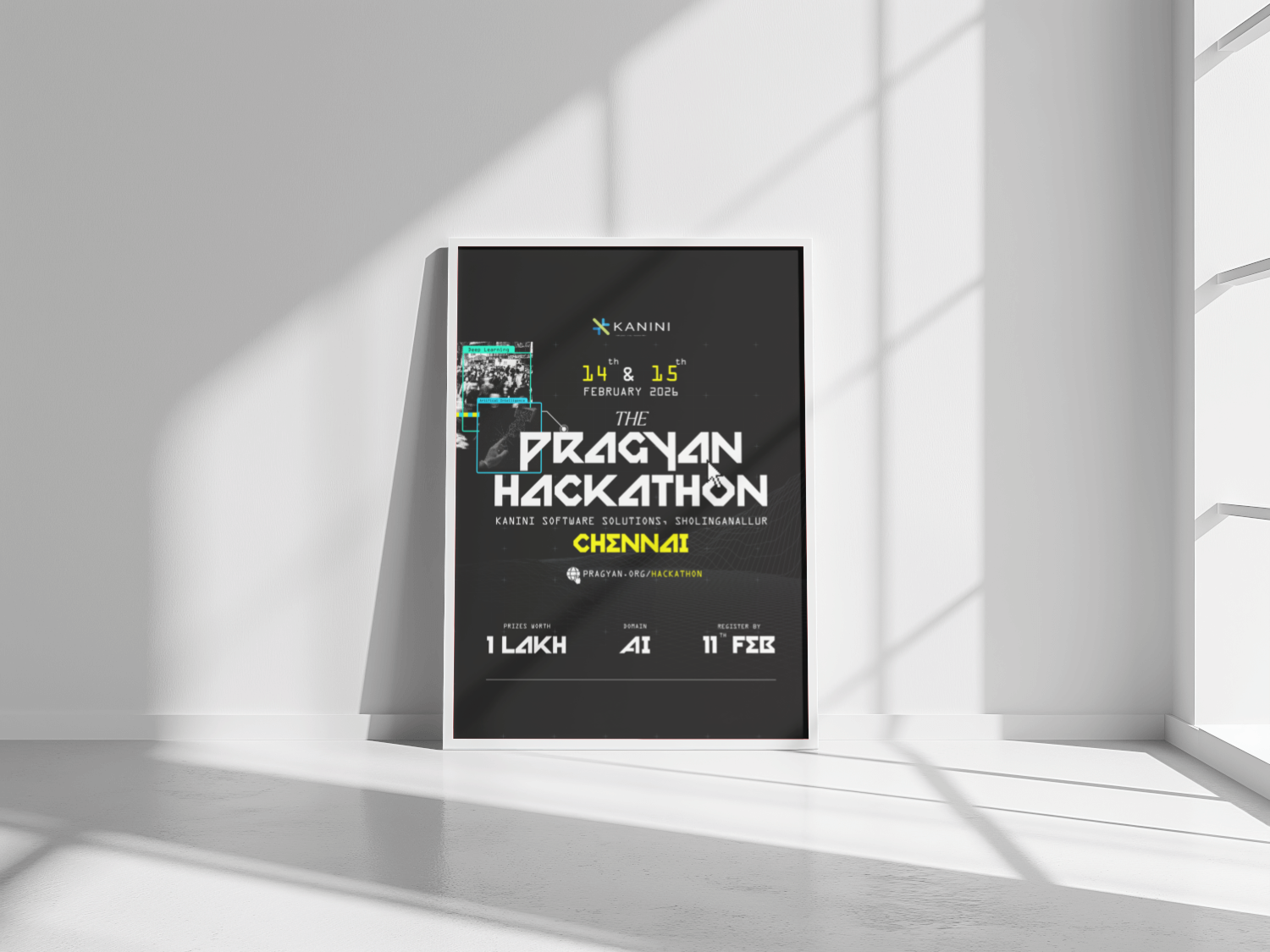 Pragyan Hackathon poster, flat, with designer credits