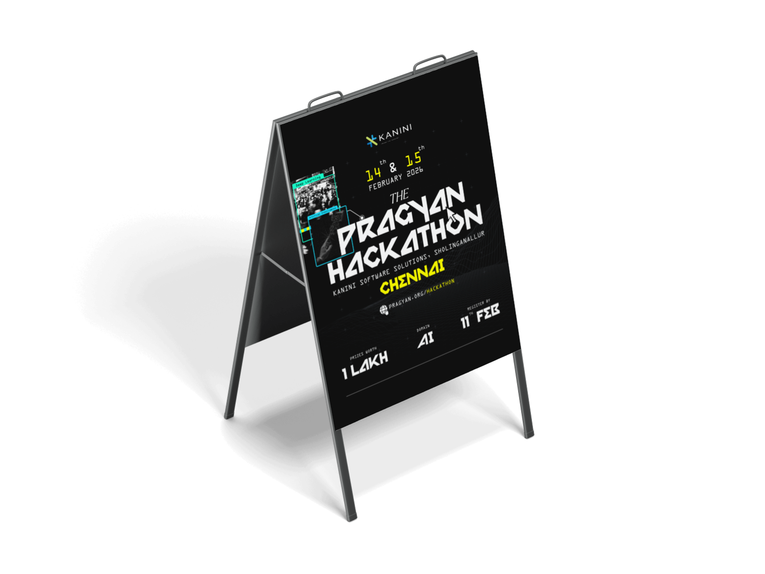 Pragyan Hackathon poster on an A-frame standee in a studio setting
