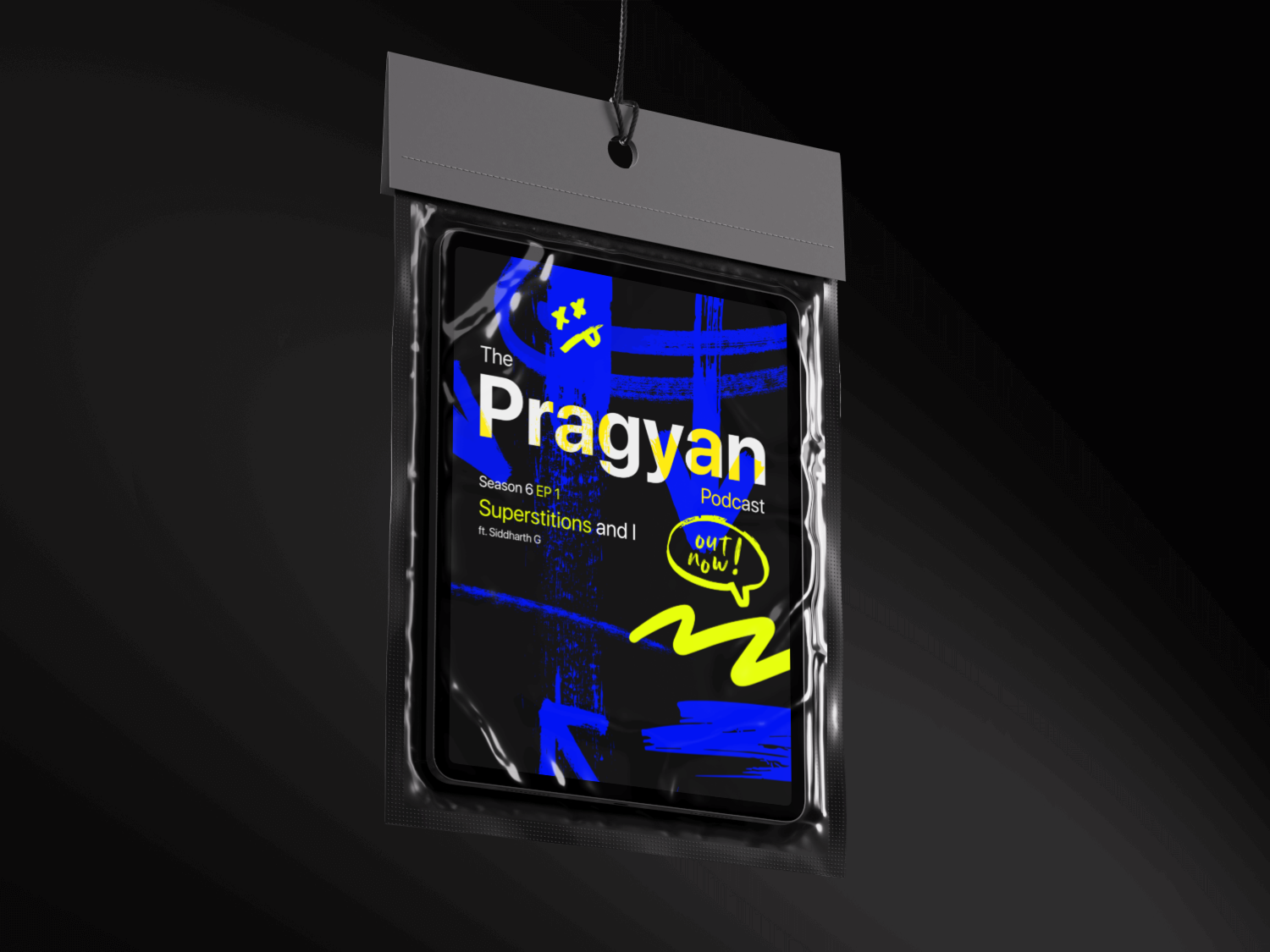 Pragyan Podcast cover art in a hanging plastic pouch mockup